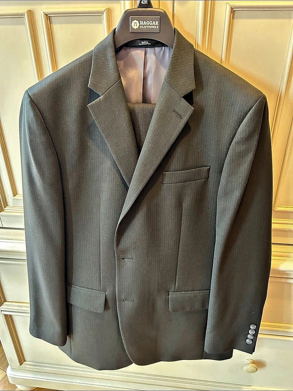 Haggar Travel Performance Tailored Fit 2 Piece Suit Black Pinstriped 42R